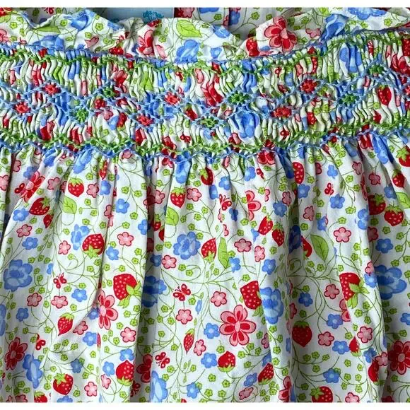 Vive La Fete Girls 6 Mo Strawberry Floral Smocked Shoulder Tie Bubble Romper - Picture 2 of 5
